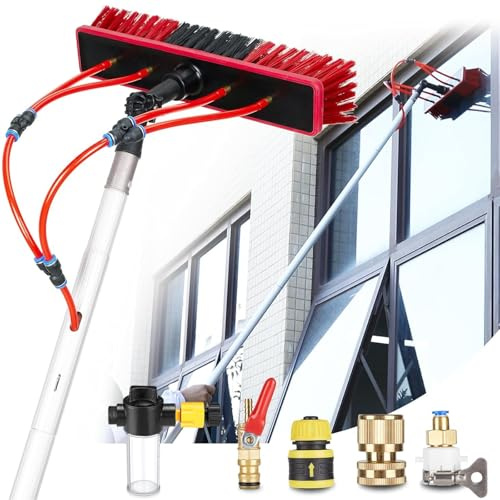 YFSMBD Brosse de Lavage Telescopique 3-16 mètres, Nettoyage Panneaux Solaires, Toiture, Murs, Vitres, Voiture, avec Perche Telescopique, 20m Tuyau, Distributeur Savon (16m,55cm Brosse)