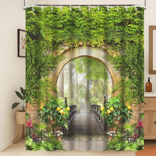 Xiaoterna Garden Shower Curtain 3D Spring Landscape Green Leaves Archway Wooden Bridge Waterproof Bathroom Curtains Retro Outdoor Park Scenery Forest Mildew Resistant Farmhouse Decoration 240x180cm