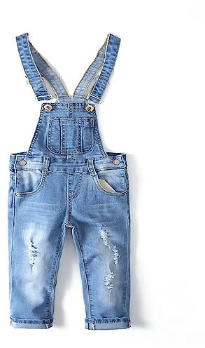 KIDSCOOL SPACE Salopette di Jeans da Bambina,Pantaloni Slim Carini in Denim Srappato da Bambino,Azzurro,7-8 Anni