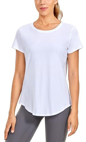 CRZ YOGA Damen Sport T-Shirt Kurzarm Fitness Gym Laufshirt Crewneck Leichte Yoga Oberteile Sommer Top Weiss 44