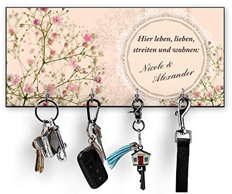 Unikatolo Schlüsselbrett Landhaus mit Name, Schleierkraut, Wandhaken, Wanddeko, Küche, Flur Geschenkidee Valentinstag, Hochzeit, Einzug, Hausbau, Bauherr