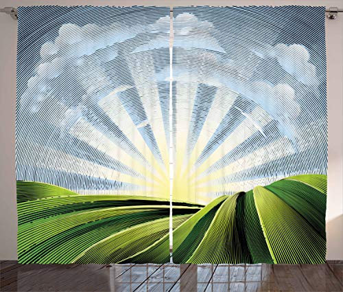 ABAKUHAUS Psychedelisch Rustikaler Gardine, Vintage Pastoral, Schlafzimmer Kräuselband Vorhang mit Schlaufen und Haken, 280 x 175 cm, Hellgelb Grün und Blau