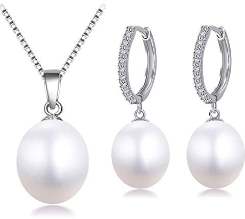 Kim Johanson Damen Perlen Schmuckset *Susi* aus 925 Sterling Silber mit echten weißen Süßwasser Perlen Halskette & Ohrringe inkl. Schmuckbeutel
