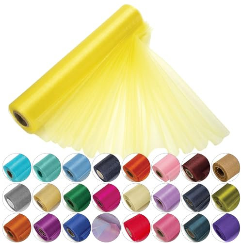 Trimming Shop Organza-Rolle, 25 m x 29 cm, schneetransparenter Glitzerstoff, Elegantes Dekotuch für Stuhlschleife, Tischläufer, Hochzeitslocation, Partydekoration, Gelb