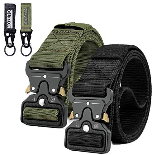 MOZETO Taktischer Gürtel, Unisex Militär Gürtel mit Schnellspanner Metallschnalle, Nylon Gürtel für Outdoor, Arbeit, Militär, Freizeit, Jagen - Gift Packaging,N. Schwarz+armee Grün, 2er pack,L-140cm