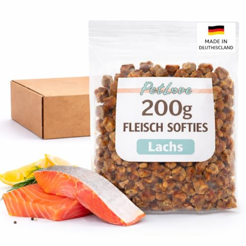PetLove Fleisch Softies für Hunde • Hundeleckerli ohne Getreide • 63% Fleischgehalt • Hunde Leckerlis für Training • Lachs (200g)