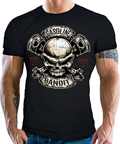 Gasoline Bandit Biker Racer herr-t-shirt för motorcyklister – Piston Skull, svart, XXL