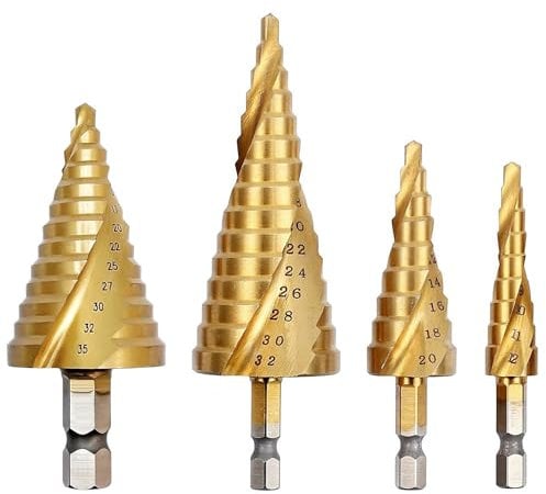 Broca Escalonada, Aohoo 4PCS Broca Conicas Ranura Recta [ Ø 5-35mm,4-32mm,4-20mm, 4-12mm | HSS Titanio], Broca de Escalonada para Taladrar con Destornillador en Acero, Madera Latón, Aluminio, PVC