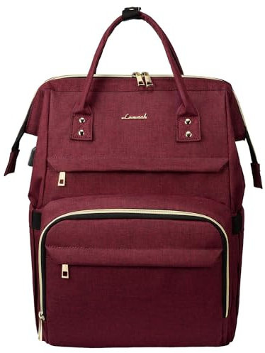 LOVEVOOK Rucksack Damen mit 17 Zoll Laptopfach, Wasserdicht Laptoprucksack Schulrucksack mit USB Ladeanschluss, Rucksack für Uni Arbeit Reise Business Weinrot