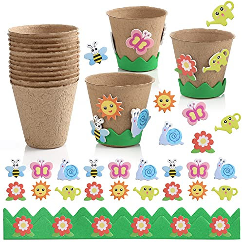 Ayfjovs Garden Paper Pot Craft Kit 15 Pack Flower Plant Spring Craft with 105 PCS Adhesive Foam Stickers and 15 PCS Paper Mache Pots, Flower Planting Growing Kit Science and Garden for Kids
