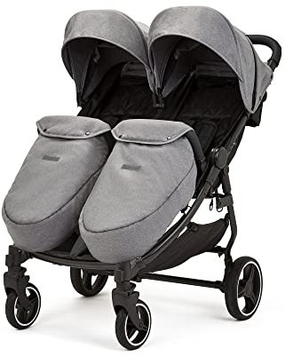 Ickle Bubba Venus Prime Doppelkinderwagen - geeignet von Geburt bis 15 kg (ca. 3 Jahre), leichter, faltbarer Zwillingskinderwagen mit Neugeborenenkokon, 2 Fußwärmern und Regenschutz (Raumfahrt Grau)