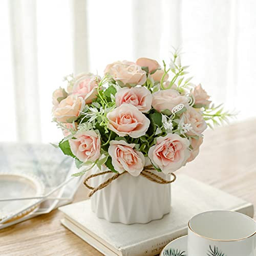 Artificial Flowers with Ceramic Vase Faux Silk Rose Fake Plants in Pots Arrangement Indoor Decorations for Home Wedding Party Pink