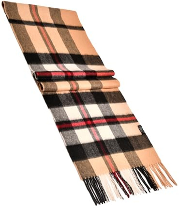 MayTree Kaschmir-Schal für Damen und Herren - Weicher Wollschal aus 100% Kaschmir, kariert, 180 x 30 cm - Luxuriöser Winter-Schal - Tartan Camel rot