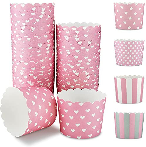 Frau WunderVoll® 100 Muffin Backformen, rosa, weiße Herzen, Durchmesser 6,1 cm/Muffinbackform, Muffinform, Cupcakeformen, Backförmchen, Cupcake Formen, Muffin Förmchen Papier