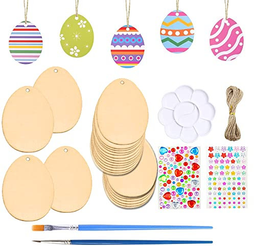 Dtoterul Easter Holzanhänger Handwerk 55 Stück Holz Ornamente Anhänger Holzscheiben Holz Ornamente Eiförmige Hängen Anhänger Eier Holzscheiben mit Loch zum Aufhängen Unvollendete Kunsthandwerk