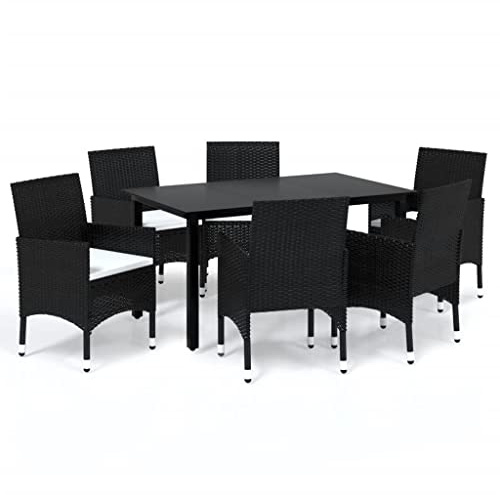 vidaXL 7-TLG. Garten-Essgruppe mit Kissen Poly Rattan Schwarz