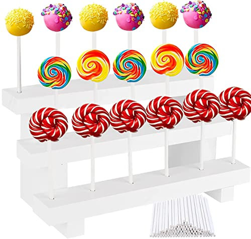 WDZGX Soporte Piruletas Soporte Cake Pops 3 Tier Lollipop Stand madera 17 Holes Con 50pcs Palos de Piruleta para Bodas Baby Showers Fiestas de Cumpleaños Aniversarios