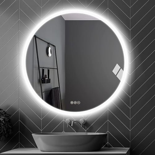 ICYWANG Bathroom LED Mirror Round 60cm Lighted Illuminated Backlit Light Up Mirror with Touch Switch Color Change Anti-Fog Wall Mounted