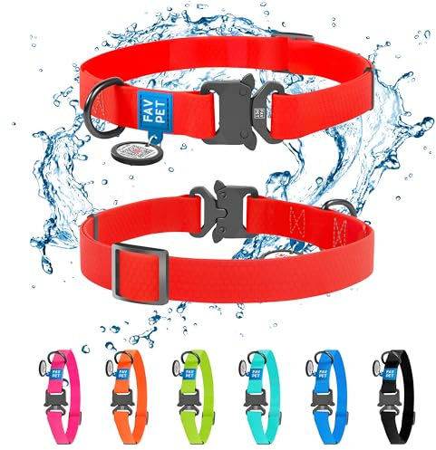 FAVPET Wasserdicht Biothane Halsband Hund Verstellbar, Bunte Hundehalsbänder mit Cobra Schnalle und QR Code Anhänger, Halsband Hund Grosse Hunde, Halsband Hund Klein, Welpen Halsbänder (Rot, S)