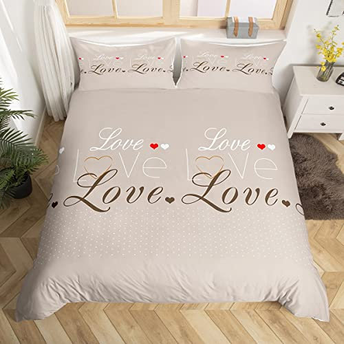 Love Housse de Couette pour Couple Amoureux Coeur Lettres Imprimé Literie Beige Housse de Couette 220 x 240 cm Microfibre 3 Pcs, Simple Moderne Housse de Couette Ensemble pour Filles Femmes Chambre