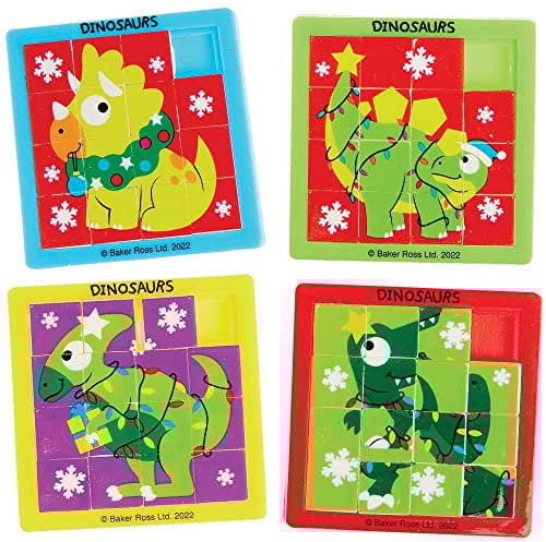 Baker Ross FX366 Christmas Dinosaur Mini Sliding Puzzles - Pack of 6, Xmas Slide Puzzle, Puzzle Games for Kids, Pocket Toys for Children