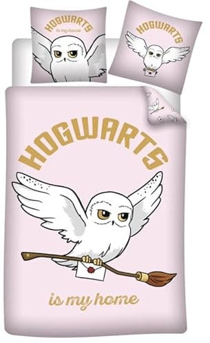 Parure de lit réversible Harry Potter - Hedwige la Chouette - -Hogwarts is my home- - Rose - 140 cm x 200 cm