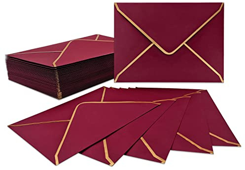 LYHLYA 50 PCS Invitation Envelopes A7 Size, Burgundy 5 x 7 Inch V-Flap Mailing Card Quick Seal with Gold Border for 5x7 Cards, Birthday, Weddings, Graduations, Greeting Cards