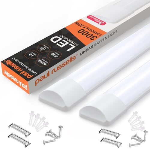 Paul Russell's 4ft LED Batten Light, Ceiling Fitting Tube Light, 4000K Cool White 30W, 3000 Lumens, Office, Bathroom, Kitchen, Garage, Warehouse Fluorescent Lighting Replacement, 2 Pack