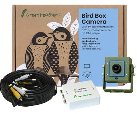 Green Feathers Wired Outdoor Birdbox and Wildlife Camera, 700TVL Night Vision Camera for Birdbox, Hedgehog House & Wildlife- Camera, 20m Cable & HDMI Adapter