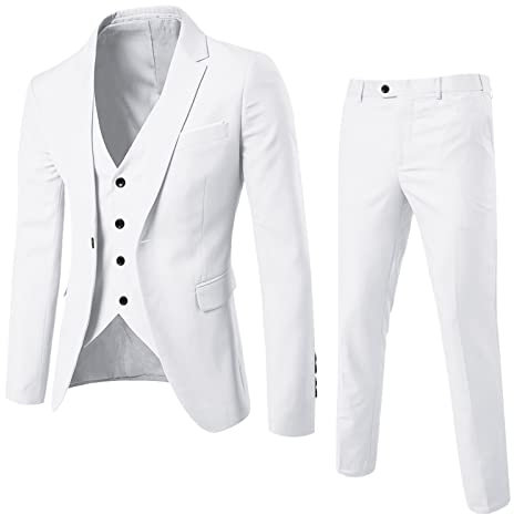 Anzug Herren Slim Fit 3 Teilig Blazer Anzüge Herrenanzug Sakko Anzughose Weste für Hochzeit Business Hochzeit Party Abschlussball Herrenanzug(Weiss,L)