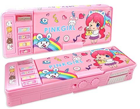 Pop up Multifunktions Mäppchen Federmäppchen für Jungen und Mädchen, Niedliches Cartoon Muster, mit Bleistiftspitzer, Whiteboard, bestes Geburtstagsgeschenk (Rosa)