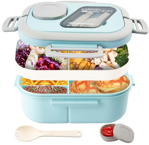 Tinaforld Adults Bento Lunch Box,Salad Container Large 43oz Salad Bowl, Bento-Style Tray for Toppings, 3oz Sauce Container for Dressings, and Built-In Reusable Fork (Blue)