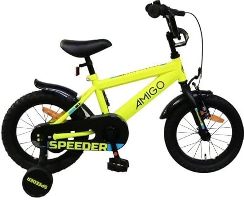 AMIGO Speeder - Kinderfahrrad - 14 Zoll - mit Handbremse, Rücktritt, Lenkerpolster und Stützräder - ab 4-5 Jahre - Gelb/Schwarz