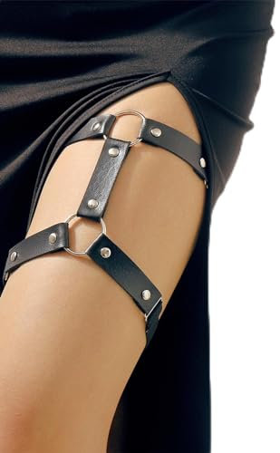 KWJEIULSOQ Strumpfhalter Damen Garter Belt Punk Leder Beinkette Suspender Oberschenkel Ring Harness Gothic Oberschenkelkette für Frauen(Schwarz)