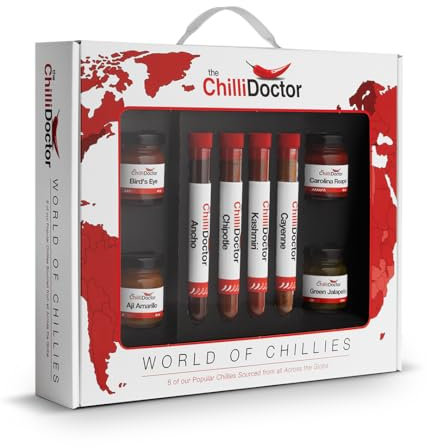 The Chilli Doctor® World of Chillies – Ein Paket mit Chilis aus aller Welt | Chili Geschenkset mit Vielfalt an Chili Pulvern und Pürees, Ideal für Griller und Chili-Fans, Perfekte Geschenke für Männer