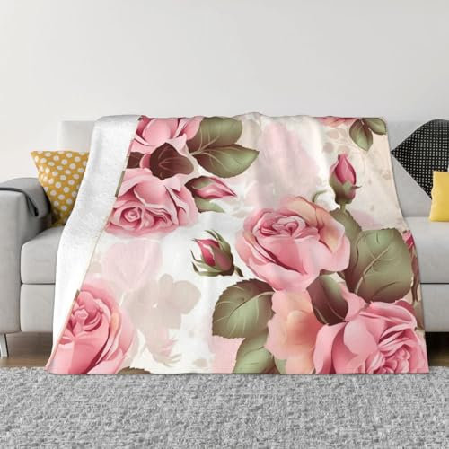 DEHIWI Flanell-Fleecedecke mit rosa Rosenmuster, 101,6 x 76,2 cm, ultraweich, warm, gemütlich, Überwurfdecke, Ganzjahresdecken für Bett, Sofa, Wohnzimmer, Outdoor