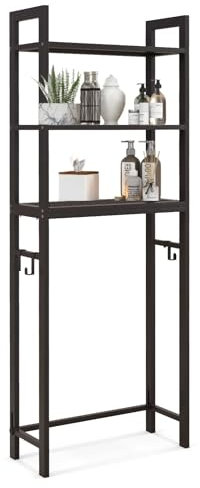LIFEZEAL Scaffale Salvaspazio sopra Lavatrice in Metallo, Mensole Bagno per Asciugatrice, 63x26,5x170/178 cm, Porta da Terra per Detersivi con 3 Ripiani e Ganci Staccabili per Pantofole, Marrone