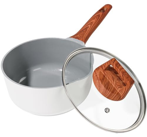 2 Quart Nonstick Sauce Pan with Lid, Nonstick Saucepan with Pour Spout, Small Pots for Cooking with Handle for All Cookers, Stove, Induction, Gas, Non Toxic (White, 18CM)