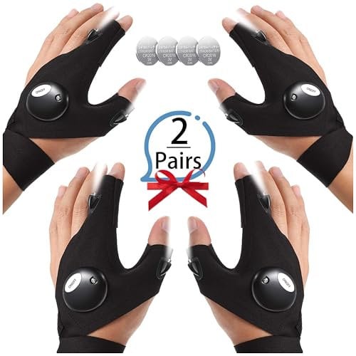 2 Pares de Guantes con Luz LED – Pesca, Camping, Reparaciones – Regalo Original para Hombres – Manos Libres con Linterna – Baterías Incluidas