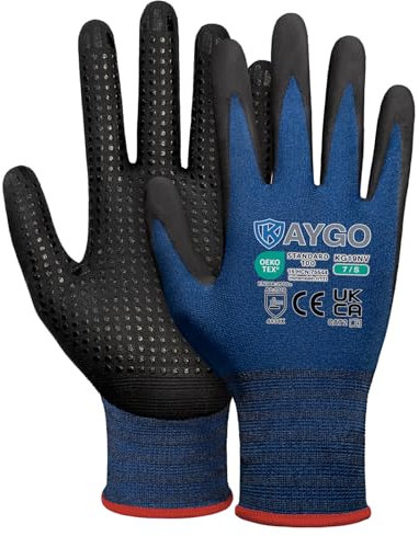 KAYGO 3 Paar Arbeitshandschuhe mit Grip Noppen für Anti-Rutsch Griff, KG19N, Nitril beschichtet Leicht Ölbestandig, Nylon Schutzshandschuhe für Arbeit, Auto, Lager (Navy Blau, S, Gr 7)