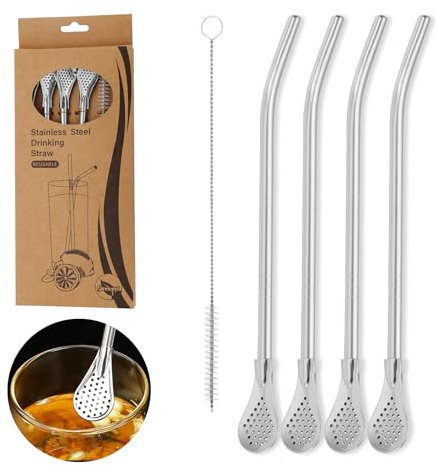 4PCS Pajitas de acero 304 inoxidable, Pajitas Reutilizables Acero Inoxidable, Pajitas de acero inoxidable con cuchara de filtro, pajitas de metal, con cepillos de limpieza,Filtrar,para zumos y bebidas