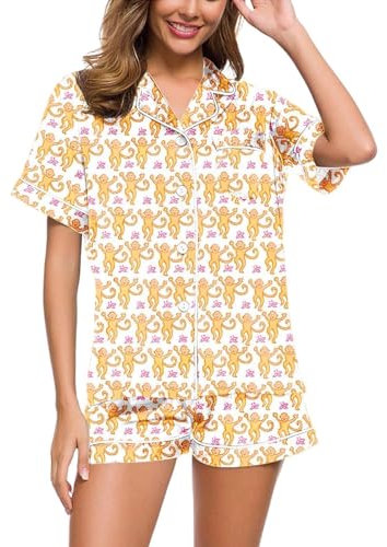 ERGRFHNL Summer Pajamas for Girls, Roller Dupes Rabbit Preppy, 2 Piece Button Down Monkey Bunny Shorts Set (Yellow,S)