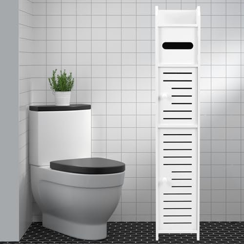 QWORK® Porte Papier Toilette Sur Pied, Meuble Salle de Bain Étanche, 14 x 15 x 80 cm