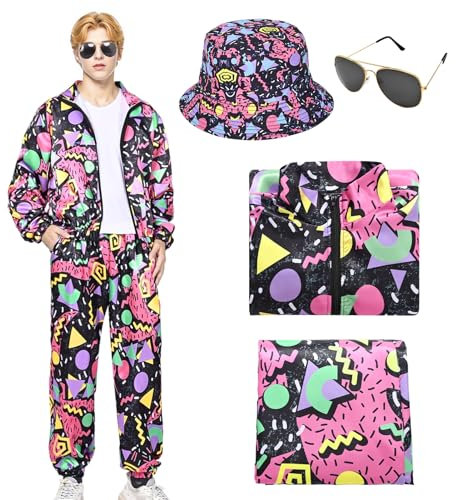 Matreeglam 80er 90er Jahre Kostüm Trainingsanzug für Herren, 80er Retro Outfit mit Fischerhut Sonnenbrille, Mode Sportbekleidungs für Fasching Disco Party (rosenrot, XL)