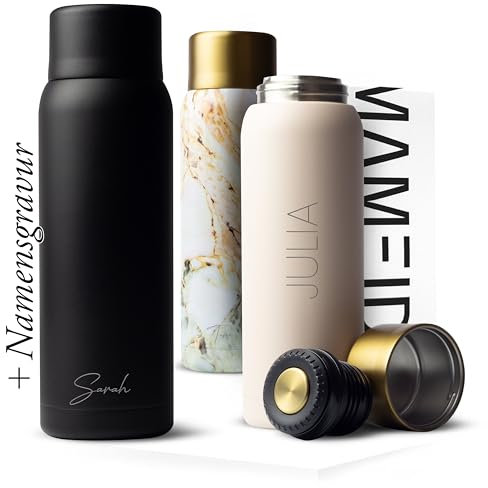 MAMEIDO Thermoskanne personalisiert 1l mit Becher - auslaufsichere Isolierkanne mit Namen, personalisertes Geschenk mit individueller Namensgravur (Rich Black, 1.000ml)