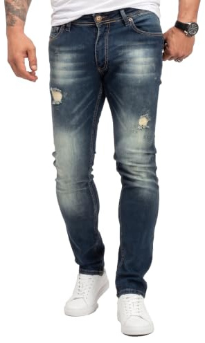 Rock Creek Herren Jeans Slim Fit Stretch Jeans Männerhose Herrenjeans Denim Hosen Herrenhose Straight Cut Stonewashed RC-2435 Dunkelblau W31 L34