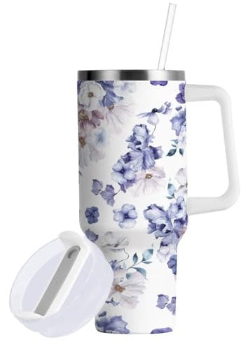 Boccsty Peri Flower Insulated Tumblers Floral Blue Reusable Stainless Steel Tumbler 40 oz Cup Coffee Travel Mug Water Bottle with Handle & Flip Straw for Home Office Car