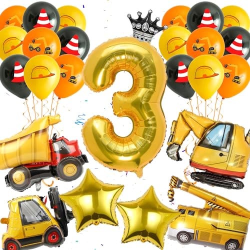 Bagger Ballon 3.Geburtstag Deko - 26 Stück Baustelle Geburtstag Ballon, Bagger Kran Zahlen 3 Ballons, Baustellen Thema Party Deko für 3 Jahre Junge