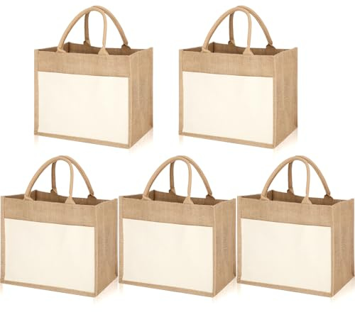 VZZNN 5 Stück Jute-Einkaufstaschen, Wiederverwendbare Naturfasertaschen mit Griffen für Hochzeit, DIY, Alltagsnutzung, Picknick und Reisen