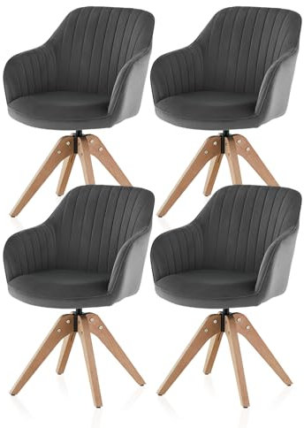 TUKAILAI Esszimmerstühle Drehbar 4er-Set aus Samt, Drehstuhl Esszimmer mit Armlehnen Rückenlehne Massivholzbeine,Küchenstuhl Polsterstuhl Armlehnenstuhl für Wohnzimmer Küche Schlafzimmer, Grau